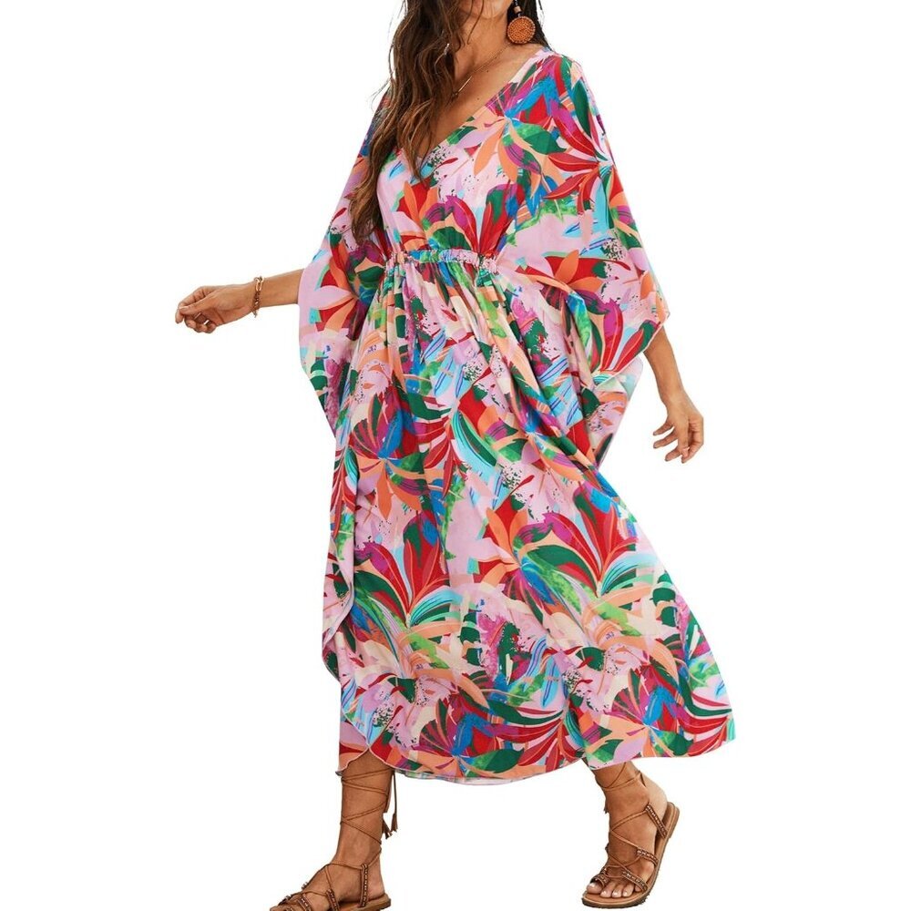 Women Colorful Red 100% Polyester V Neck Summer Beach Dresses Cover Caftan Maxi